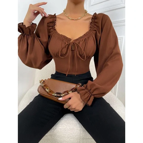 Frill Trim Bell long Sleeve Ruched Bust Milkmaid crop top boho brown - Picture 2 of 11
